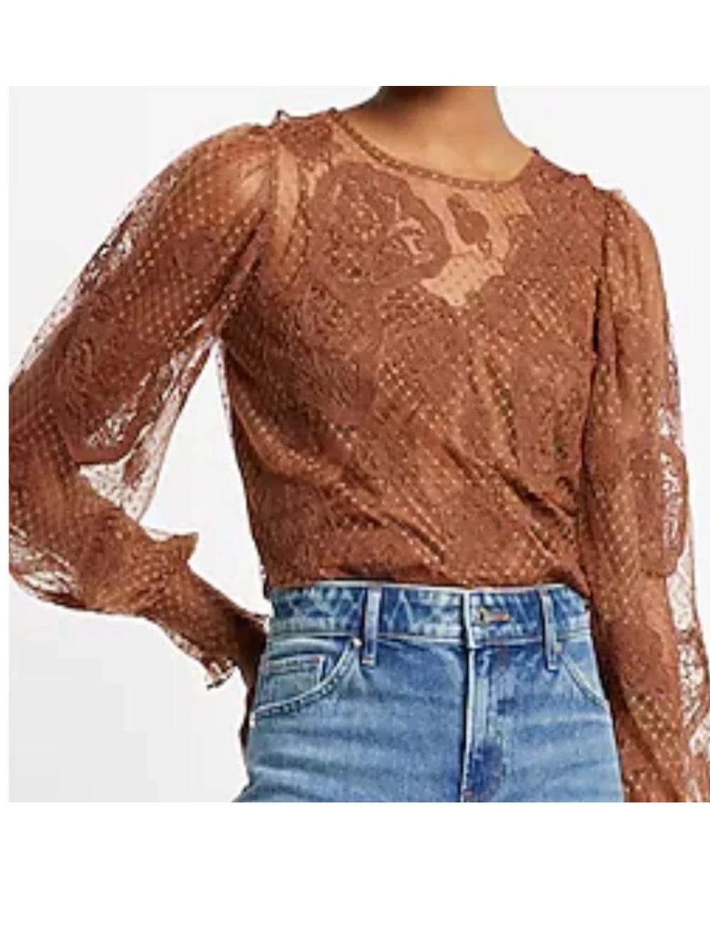 NWT Express Floral Lace Long Sleeve Lined Blouse Women’s SZ L in Sienna Brown